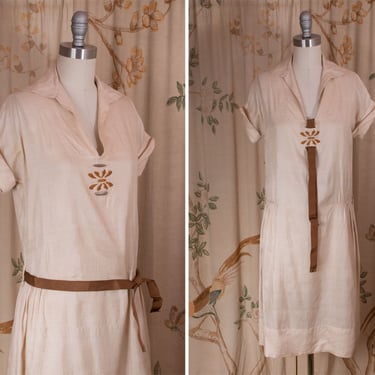 1920s Dress - Charming Vintage 20s Raw Pongee Silk Day Dress with Grosgrain Necktie 