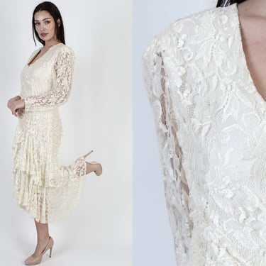 80s Ivory Floral Lace Dress /Vintage Hi Lo Mermaid Hem Deco Outfit / Retro Victorian Style Wedding Midi Maxi Dress 