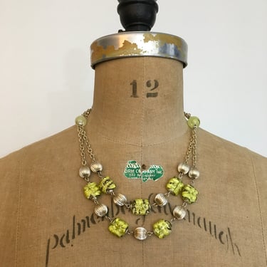 1950s 1960s Double Strand gold Green Glass Japan Necklace 50s 60s 
