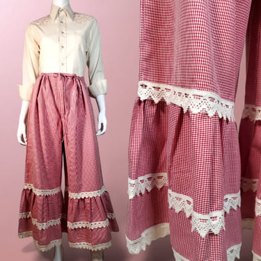 Vintage ruffled bloomer pants by Scully western red & white cotton gingham lace drawstring 3 tier peasant style squaredance rockabilly (OS) 