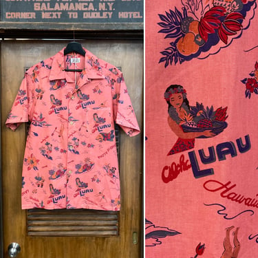 Vintage 1950’s Atomic Native Cartoon Cotton Loop Collar Hawaiian Shirt, Rare Design, 50’s Vintage Clothing 