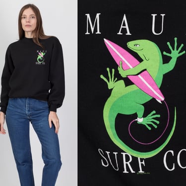 90s Maui Surf Company Sweatshirt - Men's Small, Women's Medium | Vintage Black Gecko Lizard Crazy Shirts Hawaii Tourist Pullover 