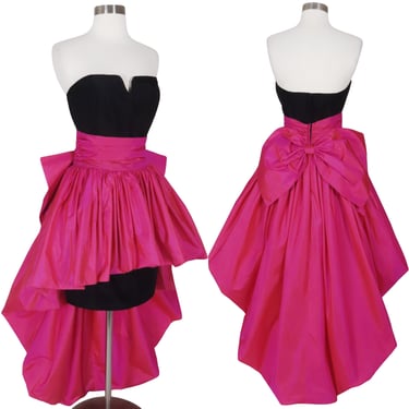 Vintage 80s GUNNE SAX Pink Black Taffeta Hi Lo Bubble Skirt Full Prom Queen Gown Party Dress S Small Avant Garde Costume Jessica McClintock 