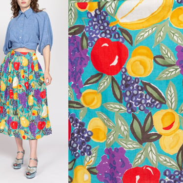 Medium 80s Blue Fruit Print Midi Wrap Skirt 27" | Vintage Boho High Waisted Summer Novelty Print Skirt 