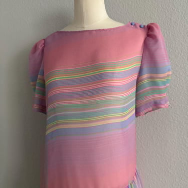 Vintage 80s Retro Pastel Rainbow Striped Short Sleeve Baby Doll Dress; 70s Asymmetrical Dropwaist Sheer Pastel Swimsuit Coverup L 