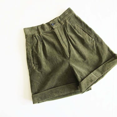 Vintage 80s Corduroy Womens Shorts XS 24 - Olive Green High Waist Pleated Shorts - Cuffed Long Shorts - Earth Tone Clothes Minimalist 