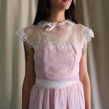 Organza Party Dress / Vintage Pink and White Evening Dress / Small Women's Ruffle Neck Dress 