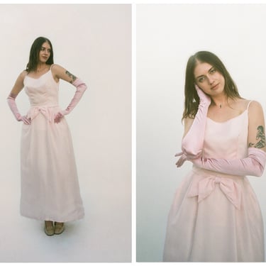 Vintage 1960s 60s Emma Domb Pastel Pink Full Length Marshmallow Cupcake Princess Gown w/ Bow Detail, Four Layer Crinoline Skirt 
