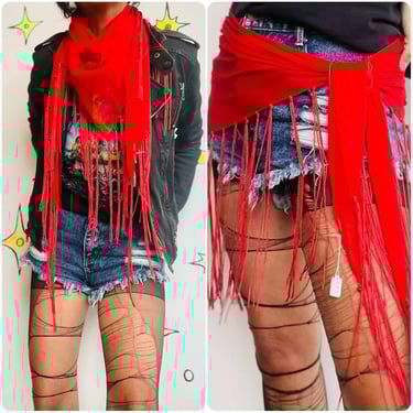 Vintage Red Sheer Fringe Shawl Wrap | Boho Grunge Witchy Goth Western 