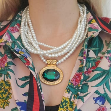 90s Emerald and Pearl Necklace