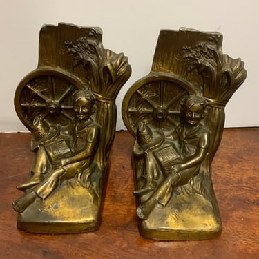 Vintage Brass Plated Spelter Farmer Child Bookends 