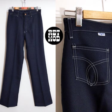 Retro Vintage 70s Navy Black Pants with White Top Stitching & Pockets 