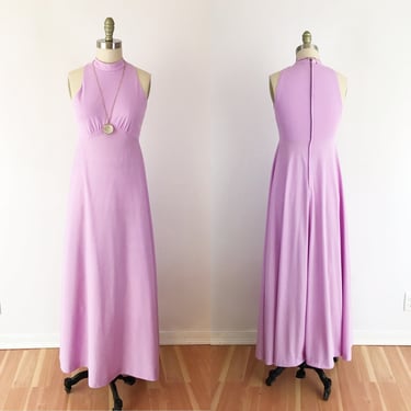 SIZE XS Vintage 1970s Halter Neck Lavender Maxi Dress - Long Lilac A Line Swishy Dress - Disco 70s Sleeveless Mockneck Dress 
