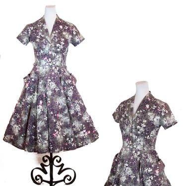 1950s Dress // Full Skirt Abstract Floral Navy Grey Pink Cotton Dress 