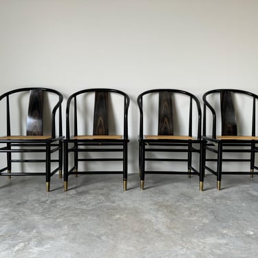 1980's Henredon  “Scene Three”  Art Deco - Asian Style Black Lacquered Dining Chairs- Set Of 4 