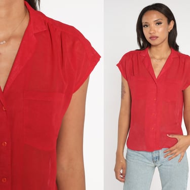 Sheer Red Blouse 80s Button Up Shirt Cap Sleeve Top Collared Preppy Plain Basic Retro Simple Summer Minimalist Sexy Vintage 1980s Medium M 