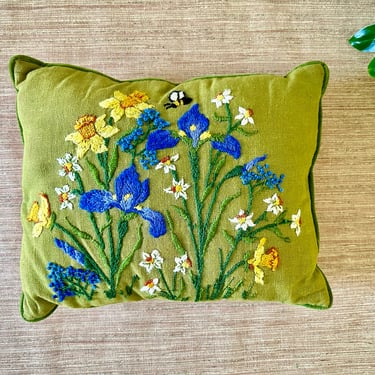 Vintage Crewel Embroidered Green Floral Throw Pillow - Hand Made 