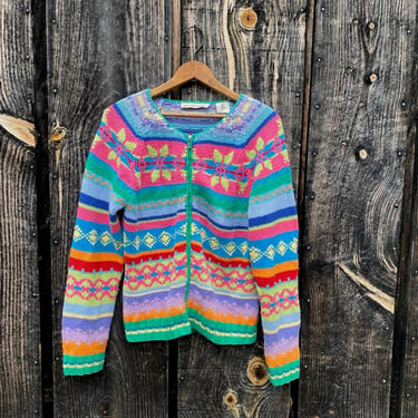 Hand Knitted Cardigan -- Vintage Knitted Cardigan -- David Brooks Vintage -- Colorful Knitted Cardigan -- 90s Clothing -- Knitted 90s Jacket 