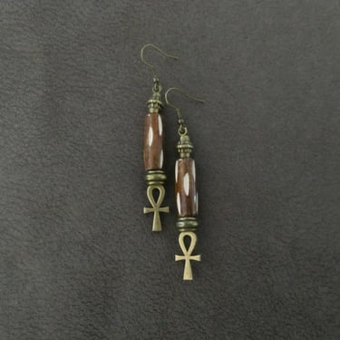 Batik print bone and bronze ankh earrings 