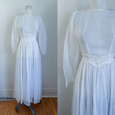 Vintage 1970s Sheer White Beaded Wedding Dress / XXS 