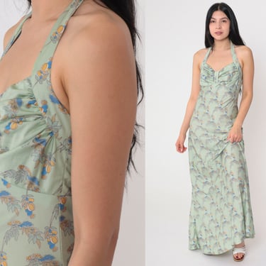 sachin and babi light blue dress Floral Maxi Dress 70s Halter Neck Sundress Green | Shop Exile - Tucson, AZ