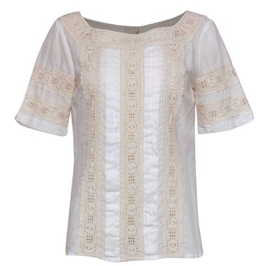 Tory Burch - White Pintuck Short Sleeve Shirt w/ Crochet Trim Sz S
