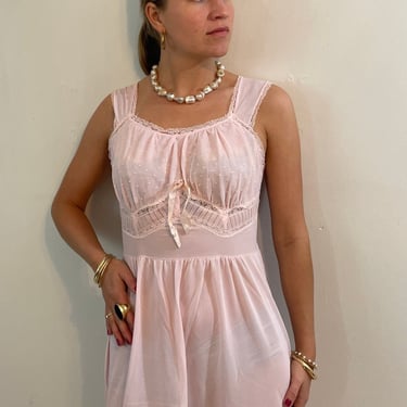 60s grecian goddess dress loungewear / vintage blush pink sheer maxi empire bodice ruched lounge dress lingerie gown | Medium 