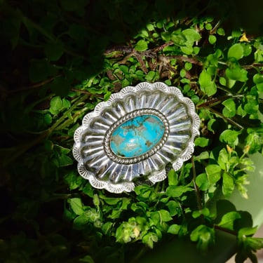 Vintage Native American Sterling Silver Turquoise Belt Buckle, Mini Hammered Concho Buckle, Beautiful Turquoise Stone, 2 1/4