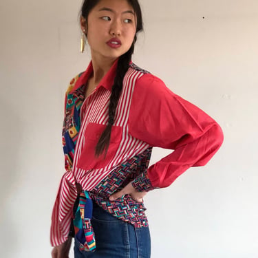 90s silk blouse / vintage red multicolored color block contrast print silk crepe oversized pocket over shirt blouse | Large 