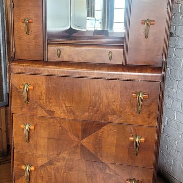 Art Deco Highboy Waterfall Dresser w/4 Drawers & Center Vanity Mirror