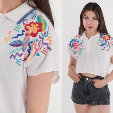 Floral Crop Top 90s Cropped Polo Shirt Abstract Flower Print Blouse Short Sleeve Collared T-Shirt Summer Blouse White Vintage 1990s Small S 