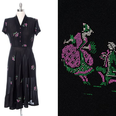 Vintage 1940s Shirt Dress | 40s Novelty Print Marriage Proposal Black Rayon Satin Inlay Shirtwaist Day to Evening Cocktail Dress (medium) 