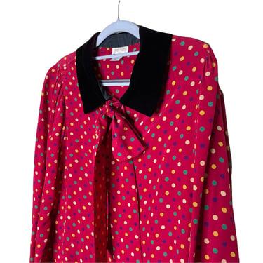 Vintage Jean Halm Red Polka Dot Silk Velvet Collar Pussybow Blouse, Size 6 