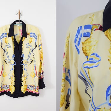 Vintage 1990s Escada Silk Novelty Print Top | M-L | 90s Designer Vintage Blouse | Margaretha Ley 