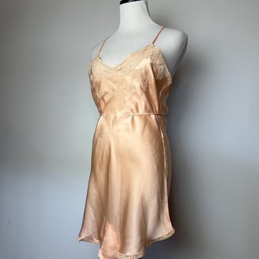 1930’s step in lace neglige’ romper/ slip 100% silk liquid satin light peachy-pink hue~ delicate 30’s pinup style undergarment ~ Sm/as is 