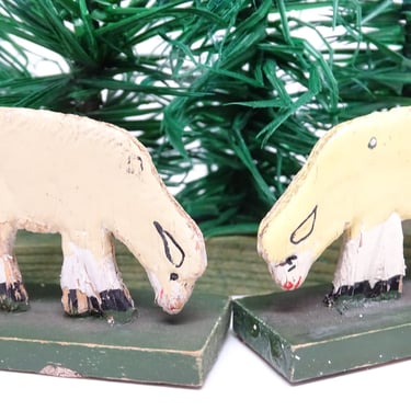 2 Antique German Wooden Sheep on Wood Stand, Hand Painted Stand Up Toy for  Christmas Nativity or Putz 