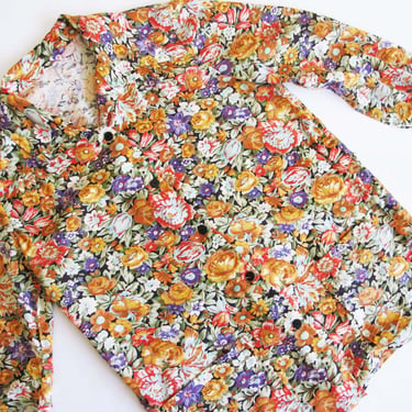 Vintage 60s Cotton Long Sleeve Jacket Top S M -  1960s Orange Purple Floral Button Up Shirt 