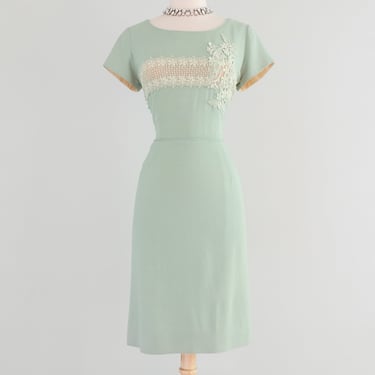 Vintage 1960's Sea Foam Green Linen Sheath Dress with Cotton Lace Appliqué / M