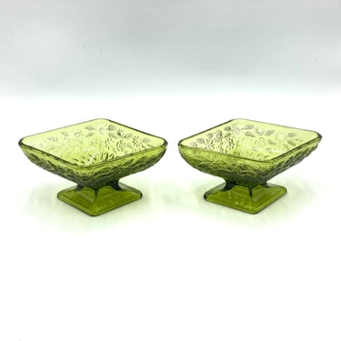 Indiana Glass Green Daisy Footed Diamond-Shaped Dishes, Set of 2, Floral Pedestal Dish, Footed Candy Bowls, Vintage Avocado Glass, Glassware 