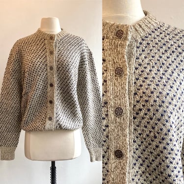 Vintage 70s 80s LL BEAN GRANDPA Cardigan Sweater / Gray + Blue Flecks + Silver Buttons 