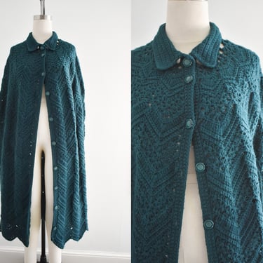 1970s Dark Green Crochet Cape 