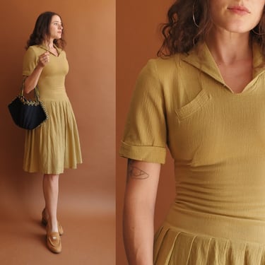 Vintage 40s Chartreuse Wool Crepe Dress/ Size Small 