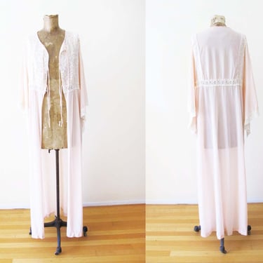 Vintage Long Lingerie Robe - Peignoir Pale Pink Lace Lounge Robe - Empire Waist - Romantic - Nylon 