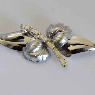 50's Carl-Art sterling rhinestone leaves on branch Modernist brooch, C->A 925 silver abstract plant pin 
