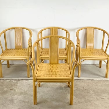 Vintage Boho Modern Bamboo Armchairs- Set of Four 