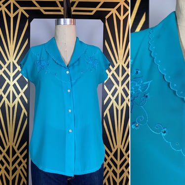 1970s blouse, turquoise blouse, button front shirt, embroidered blouse, vintage 70s shirt, size medium scalloped, 36 38 bust, cut work top 