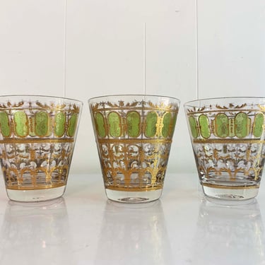 Vintage Culver Glasses Set of 3 Rocks Old Fashioned 1960s Barware Bar MCM Mad Men Mid Century 60s Whiskey Glass 22kt Gold Filigree 