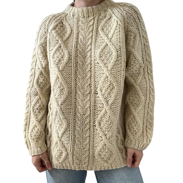 Vintage 1970s Womens Minarelli Hand Knitted Cream Fisherman Chunky Wool Sweater 
