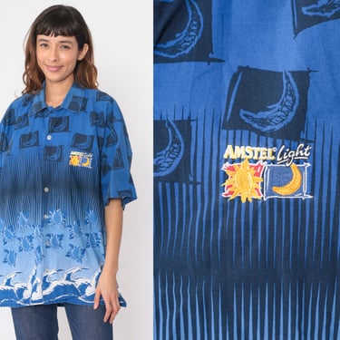 Amstel Light Shirt Y2K Surfer Shirt Blue Tropical Button up Beer Sun Turtle Ocean Waves Print Short Sleeve Vintage 00s Mens Extra Large xl 