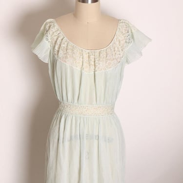 1950s Pale Blue and Cream Lace Trim Accordion Pleated Short Sleeve Sheer Lingerie Nightgown by Barbizon -1XL 